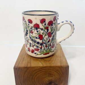 Artisan Nakkas Cini Turkish Ceramic Coffee Mug Floral Handpainted Green Red Blue
